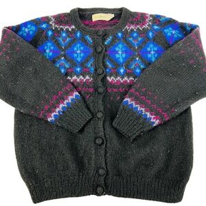 Vintage L.L.‎ Bean 2004 Cardigan Sweater Black Snowflakes Wool Nylon Mohair M